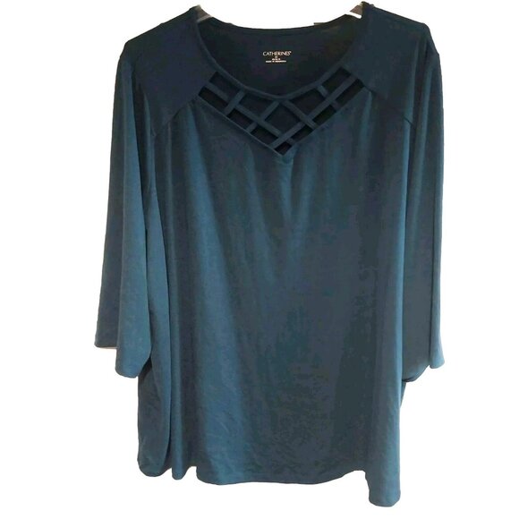 Catherines Plus Size 3X Teal Blouse With Lattice Neckline & 3/4 Sleeves - Picture 1 of 6